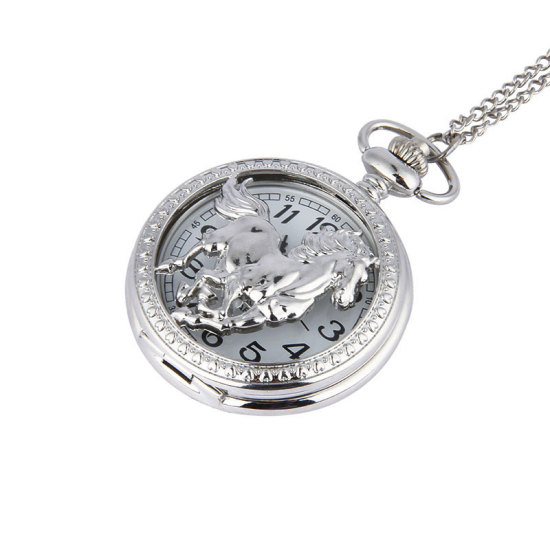 Bild von Taschenuhr Uhr (inkl. Batterie) Rund Silberfarbe Pferd Muster 47cm lang, 1 Strang