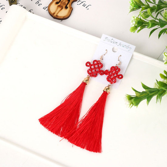 Picture of Tassel Earrings Red Chinese Knot 1 Pair