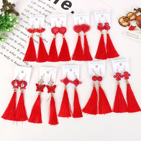 Picture of Tassel Earrings Red Chinese Knot 1 Pair