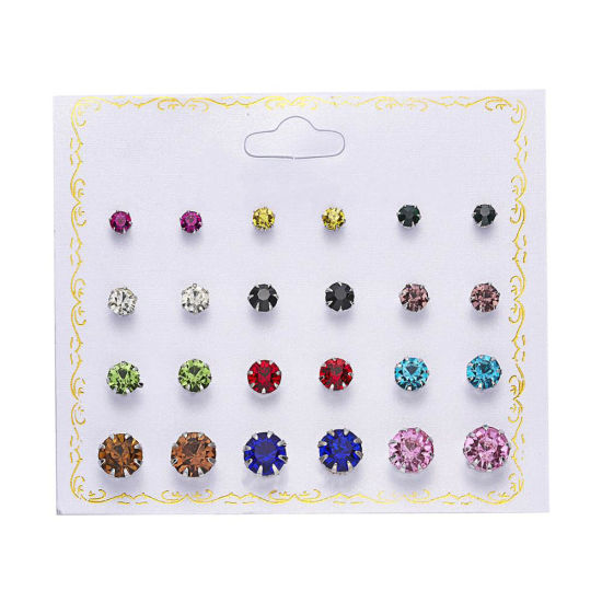 Picture of Ear Post Stud Earrings Set Round Clear Cubic Zirconia 8mm Dia. - 5mm Dia., 1 Set ( 12 PCs/Set)