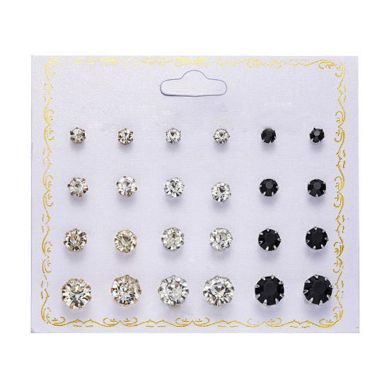 Picture of Ear Post Stud Earrings Set Round Clear Cubic Zirconia 8mm Dia. - 5mm Dia., 1 Set ( 12 PCs/Set)