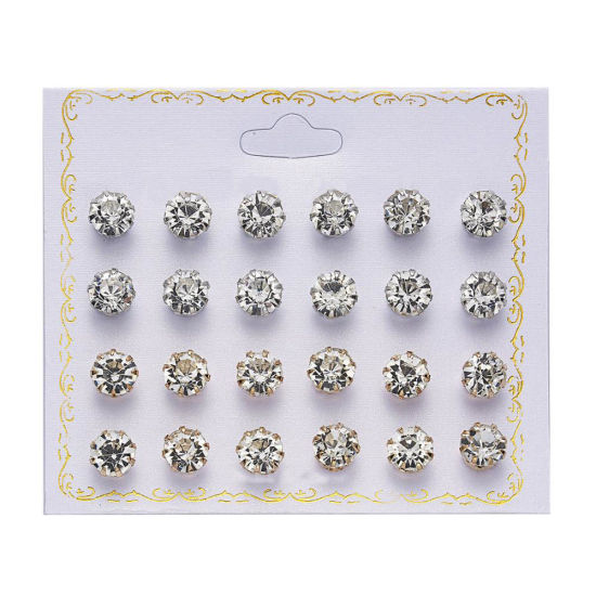 Picture of Ear Post Stud Earrings Set Round Clear Cubic Zirconia 8mm Dia. - 5mm Dia., 1 Set ( 12 PCs/Set)