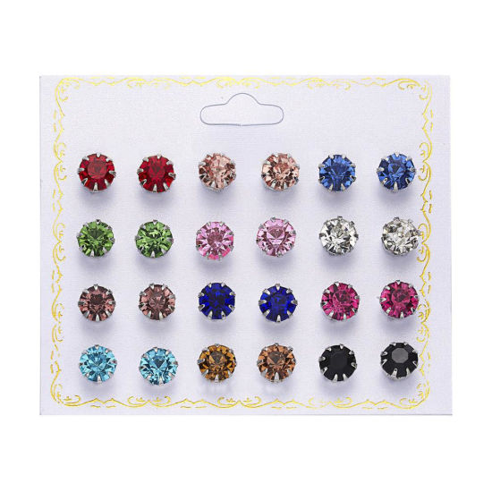 Picture of Ear Post Stud Earrings Set Round Clear Cubic Zirconia 8mm Dia. - 5mm Dia., 1 Set ( 12 PCs/Set)