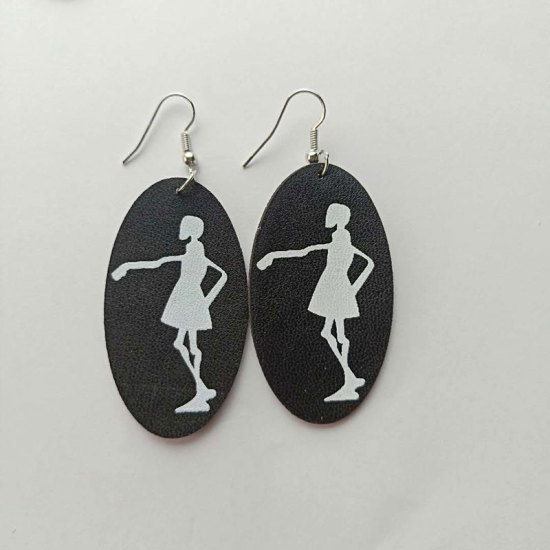 Picture of PU Leather Halloween Earrings Black & White Oval Skeleton Skull Glow In The Dark Luminous 75mm x 30mm, 1 Pair