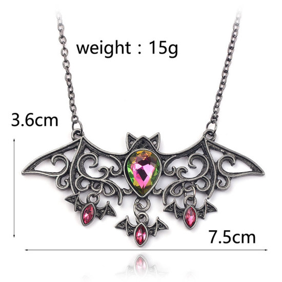 Image de Colliers Halloween Argent Vieilli Chauve-souris Halloween à Strass Rouge 1 Pièce