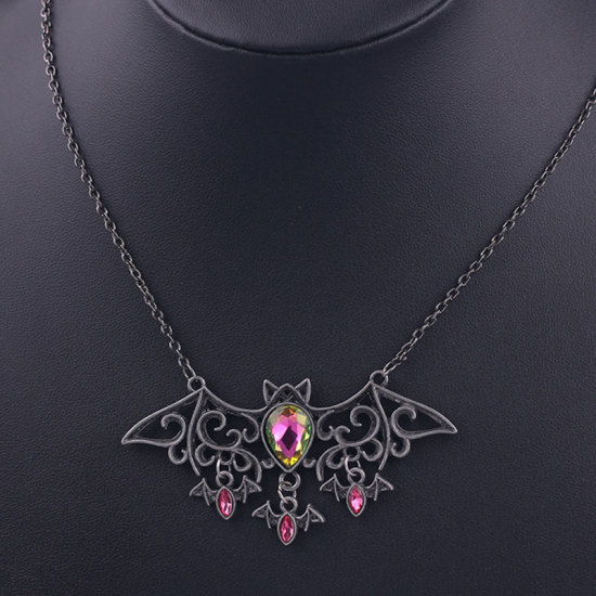 Image de Colliers Halloween Argent Vieilli Chauve-souris Halloween à Strass Rouge 1 Pièce