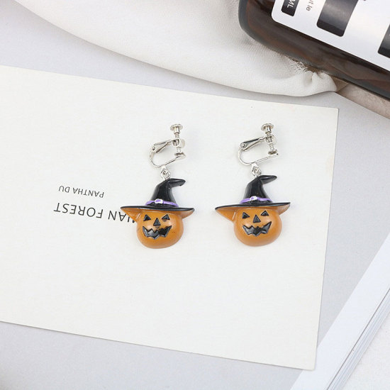 Picture of Halloween Ear Clips Earrings Orange Hat Ghost Face 45mm x 25mm, 1 Pair