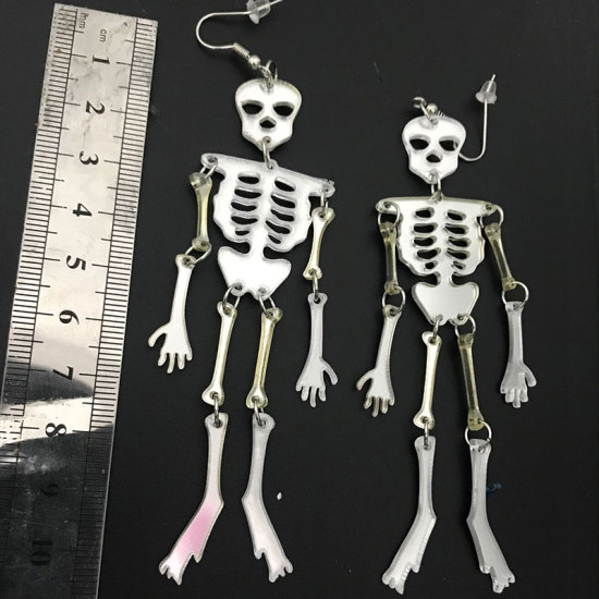 Picture of Halloween Earrings Silver Tone Skeleton Skull 95mm x 33mm, 1 Pair