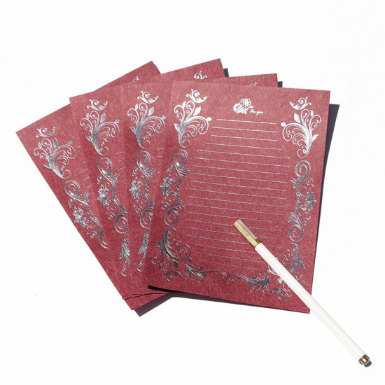 Picture of Paper Letter Writing Paper Rectangle Wine Red Rose Flower Pattern 20.9cm x 14.4cm, 1 Packet ( 4 PCs/Packet)