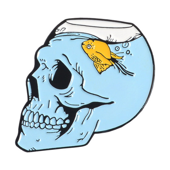 Picture of Halloween Pin Brooches Skull Fish Yellow & Blue Enamel 1 Piece