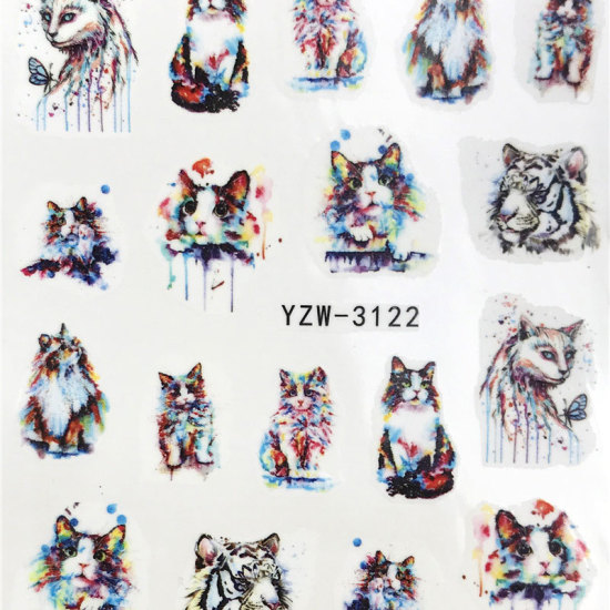Picture of PVC Nail Art Stickers Decoration Tiger Animal Cat Multicolor 6cm x 5cm, 1 Sheet
