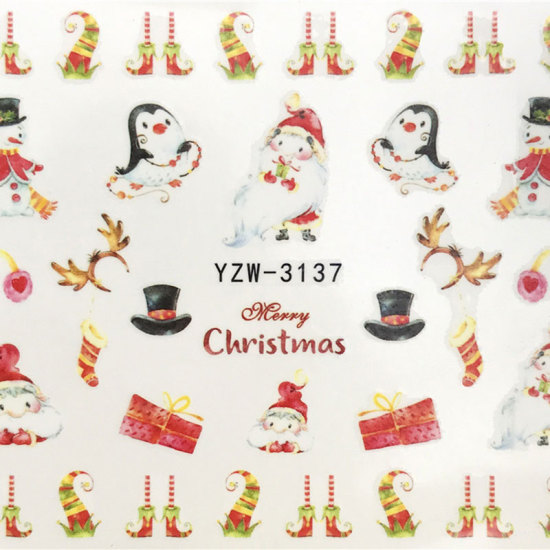 Bild von PVC Nagel Kunst Aufkleber Weihnachten Weihnachtsmann Pinguin Bunt 6cm x 5cm, 1 Blatt