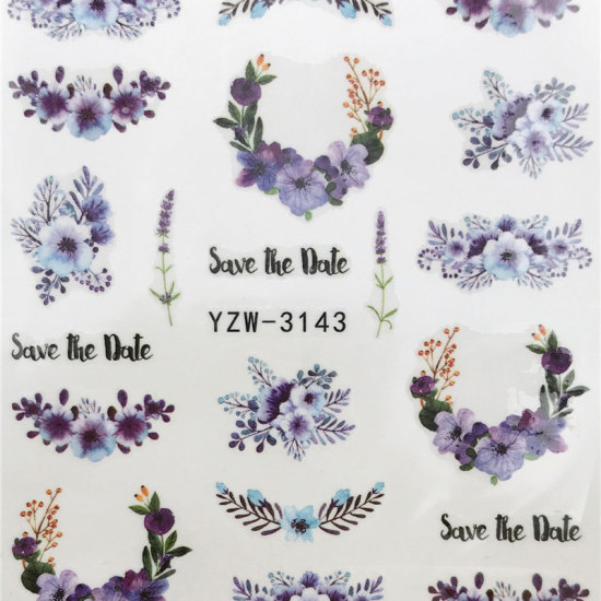 Picture of PVC Nail Art Stickers Decoration Flower Purple 6cm x 5cm, 1 Sheet