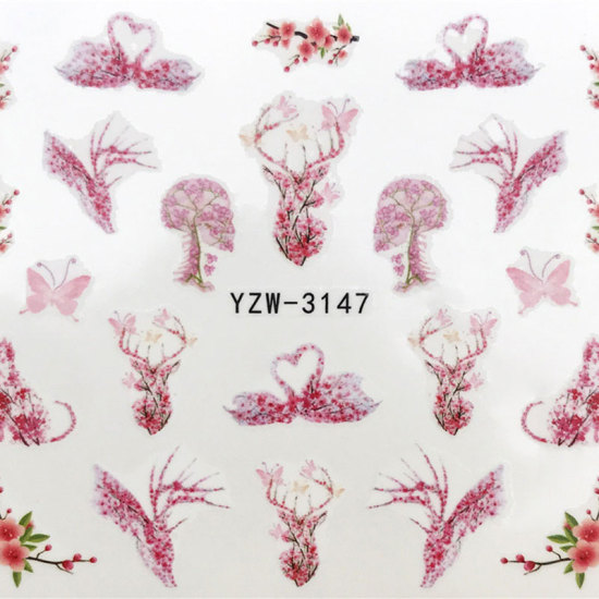 Picture of PVC Nail Art Stickers Decoration Swan Animal Peach Blossom Flower Pink 6cm x 5cm, 1 Sheet