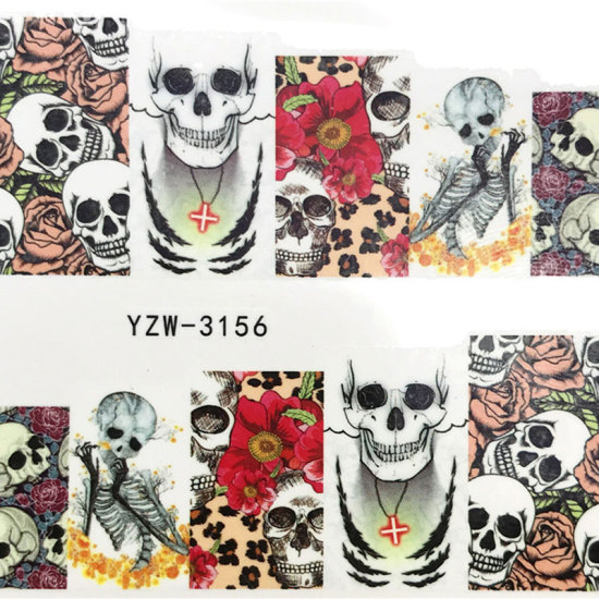 Picture of PVC Nail Art Stickers Decoration Skeleton Skull Rose Flower Multicolor 6cm x 5cm, 1 Sheet
