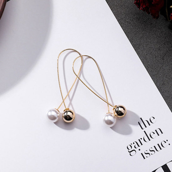 Picture of Earrings Gold Plated White Geometric Imitation Pearl 55mm, 1 Pair