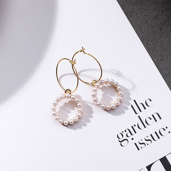 Picture of Hoop Earrings Gold Plated White Imitation Pearl Circle Ring 38mm x 18mm, 1 Pair