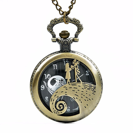 Bild von Taschenuhr Uhr (inkl. Batterie) Halloween Schädel Bronzefarben 80cm lang, 1 Stück