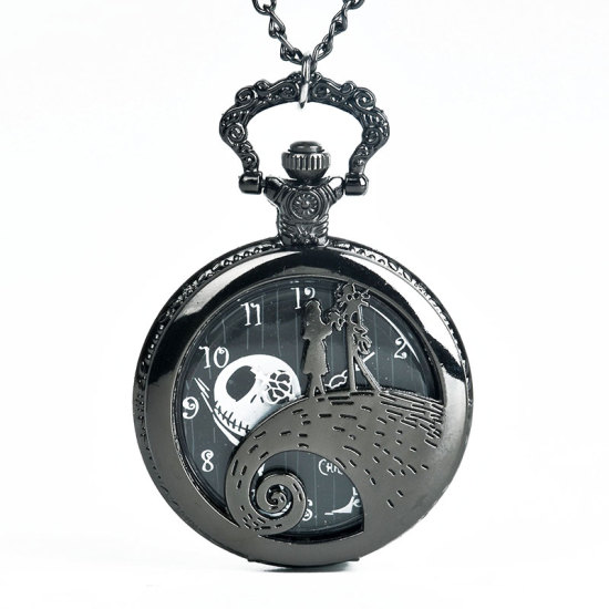 Bild von Taschenuhr Uhr (inkl. Batterie) Halloween Schädel Schwarz 80cm lang, 1 Stück