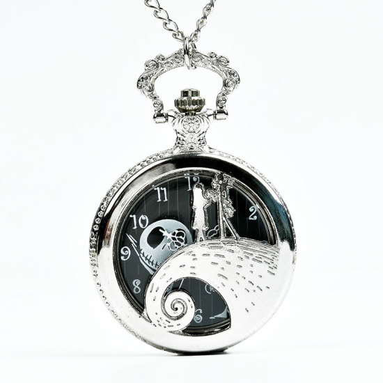 Picture of Pocket Watches Halloween Skull Silver Plated Battery Included 80cm long, 1 Piece