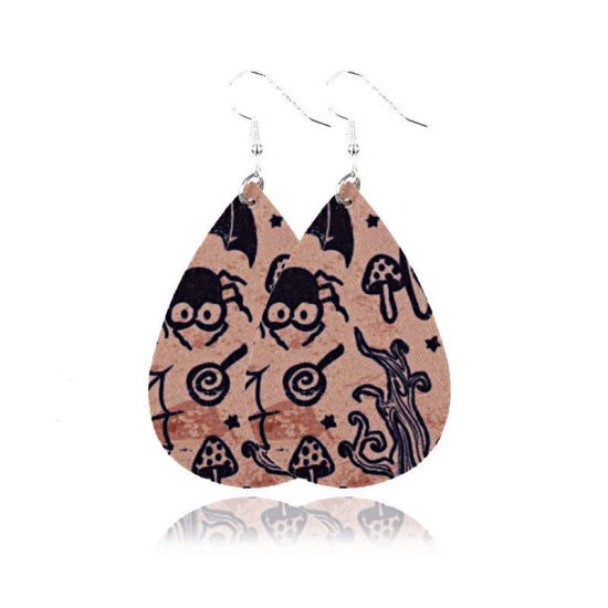 Picture of PU Leather Halloween Earrings Silver Color Light Beige Drop 7.7cm x 3.5cm, 1 Pair