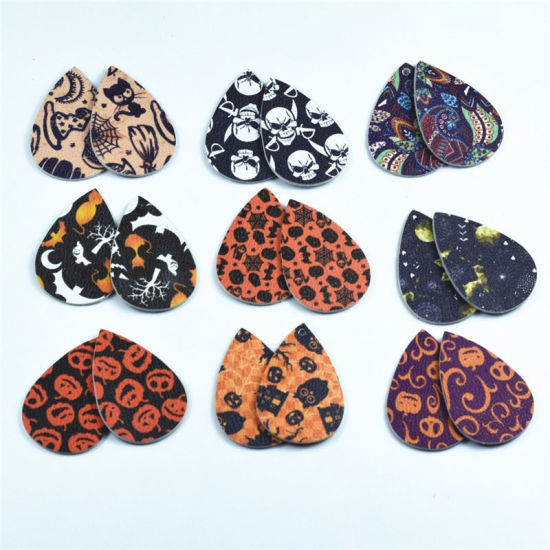 Picture of PU Leather Halloween Earrings Silver Color Light Beige Drop 7.7cm x 3.5cm, 1 Pair