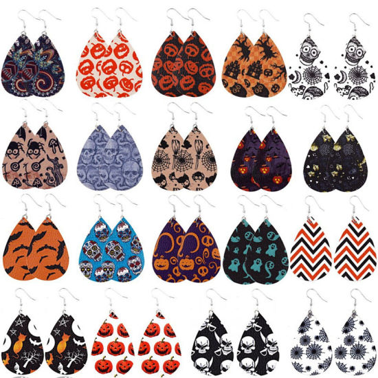 Picture of PU Leather Halloween Earrings Silver Color Light Beige Drop 7.7cm x 3.5cm, 1 Pair