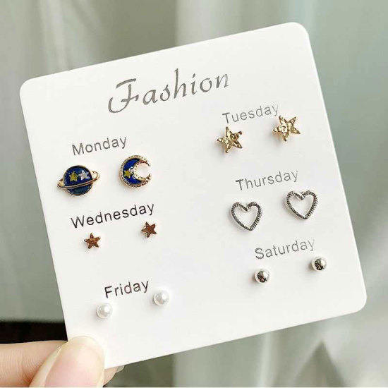 Picture of Ear Post Stud Earrings Set Gold Plated White Planet Heart Imitation Pearl 1 Set ( 6 Pairs/Set)