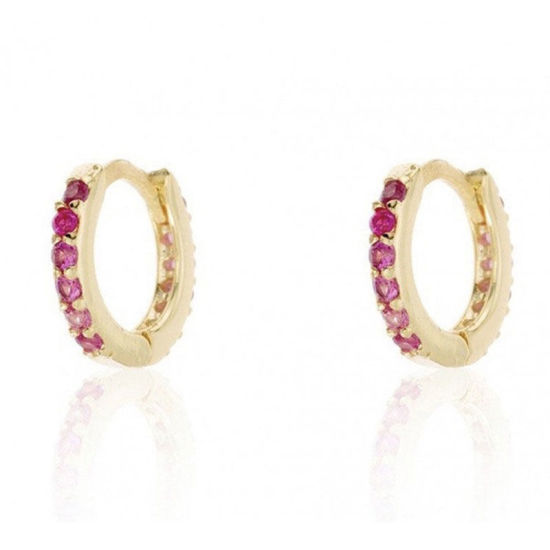 Picture of 1 Pair Brass Stylish Hoop Earrings Gold Plated Circle Ring Red Rhinestone 10mm Dia