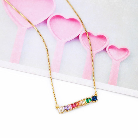 Picture of Copper & Cubic Zirconia Rainbow Necklace 18K Real Gold Plated Multicolor Rectangle 40cm(15 6/8") long, 1 Piece