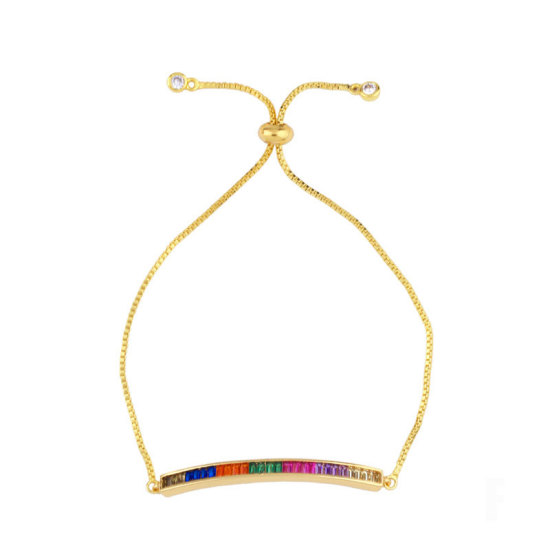 Picture of Brass & Cubic Zirconia Rainbow Bracelets 18K Gold Plated Multicolor Arc Adjustable 23cm(9") long, 1 Piece                                                                                                                                                     