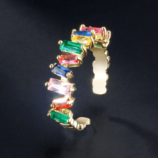 Picture of Brass Rainbow Open Rings Gold Plated Adjustable Multicolour Cubic Zirconia 1 Piece                                                                                                                                                                            