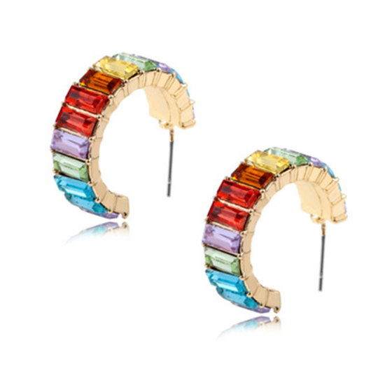 Picture of Rainbow Hoop Earrings Gold Plated C Shape Multicolor Rhinestone 25mm x 25mm, 1 Pair