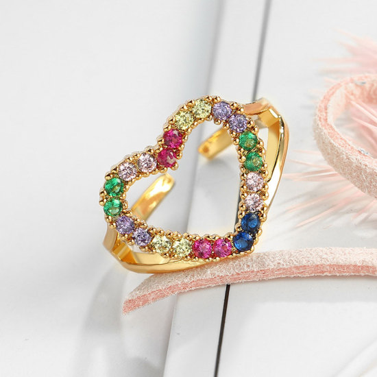 Picture of Brass Rainbow Open Rings Gold Plated Adjustable Heart Multicolour Cubic Zirconia 1 Piece                                                                                                                                                                      