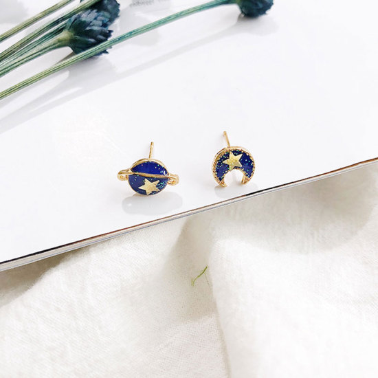 Picture of Ear Post Stud Earrings Gold Plated Blue Galaxy Universe 9mm x 9mm, 1 Pair