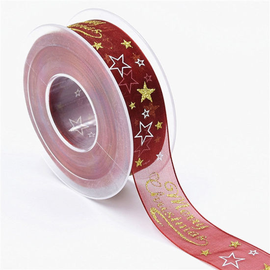 Picture of Wine red gilt dusting snow yarn ribbon Christmas 20 m / plastic roll