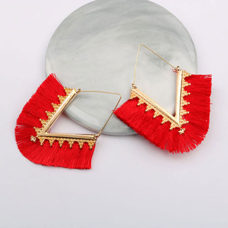 Picture of Hoop Earrings Gold Plated Red V-shaped Tassel 7cm x 6.3cm, 1 Pair