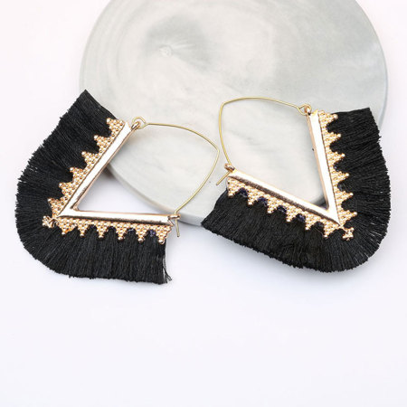 Picture of Hoop Earrings Gold Plated Black V-shaped Tassel 7cm x 6.3cm, 1 Pair