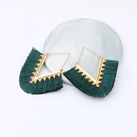 Picture of Hoop Earrings Gold Plated Dark Green V-shaped Tassel 7cm x 6.3cm, 1 Pair
