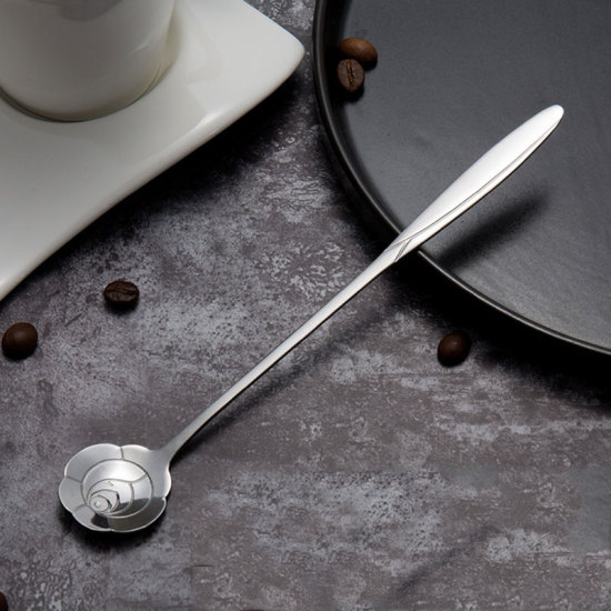 Picture of Silver Tone - style2 multi-style Stainless Steel Spoon Set with Long Handle Flowers Heart Shape Ice Tea Coffee Spoon Dessert Spoon Kitchen Drink Tableware