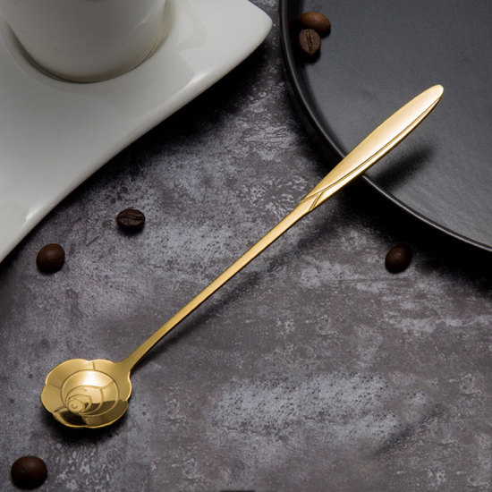 Picture of Gold Plated - style6 multi-style Stainless Steel Spoon Set with Long Handle Flowers Heart Shape Ice Tea Coffee Spoon Dessert Spoon Kitchen Drink Tableware