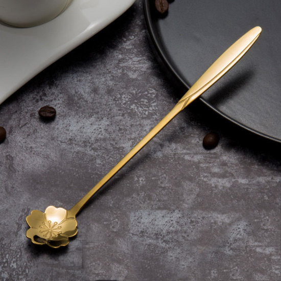 Picture of Gold Plated - style7 multi-style Stainless Steel Spoon Set with Long Handle Flowers Heart Shape Ice Tea Coffee Spoon Dessert Spoon Kitchen Drink Tableware