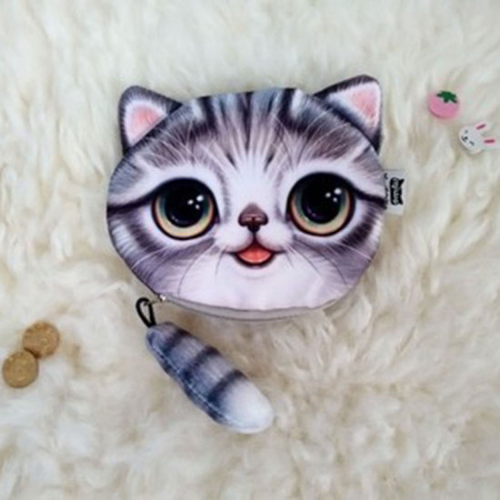 Picture of Gray tail cat Cute cartoon cat cat head storage bag purse