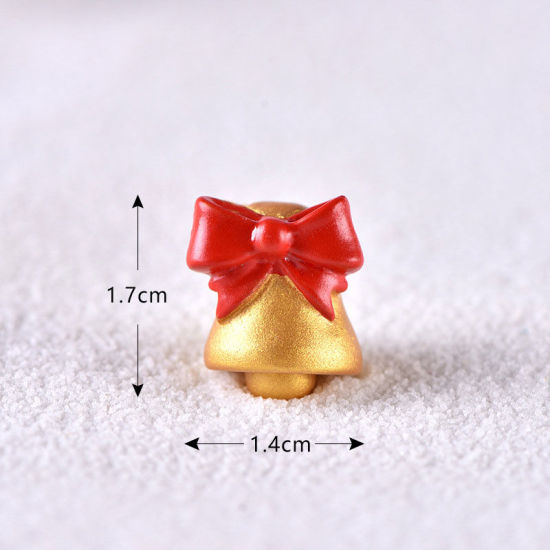 Picture of Resin Micro Landscape Miniature Decoration Golden & Red Christmas Jingle Bell 17mm x 14mm, 1 Piece