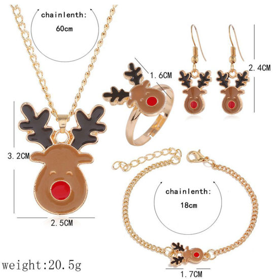 Picture of Jewelry Set Gold Plated Khaki Christmas Reindeer Enamel 60cm(23 5/8") long - 2.4cm(1") long, 1 Set ( 4 PCs/Set)