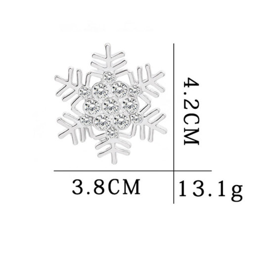 Image de Broche Epingle Flocon de Neige de Noël Argent Mat à Strass Transparent 4.2cm x 3.8cm, 1 Pièce