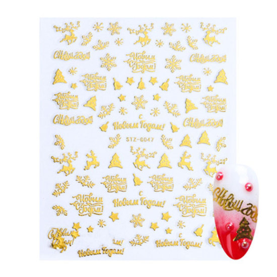 Picture of Paper Nail Art Stickers Decoration Christmas Reindeer Tree Golden 10.4cm x 8cm, 1 Sheet