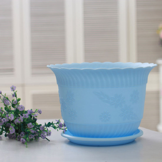 Picture of Skyblue - Resin Flower Pot with Tray For Plants Garden Home Office Decoration 19x14cm, 1 Set
