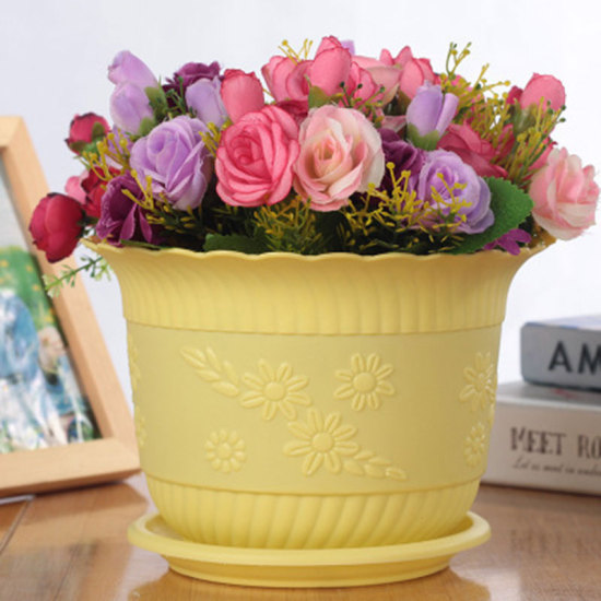Picture of Yellow - Resin Flower Pot with Tray For Plants Garden Home Office Decoration 16x11cm, 1 Set