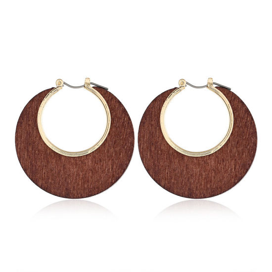 Picture of Wood Geometry Series Hoop Earrings Brown Round 4.2cm, 1 Pair